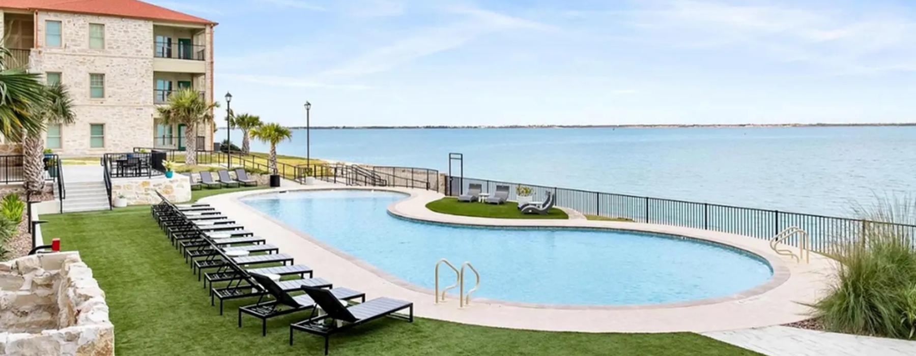 a pool next to a building