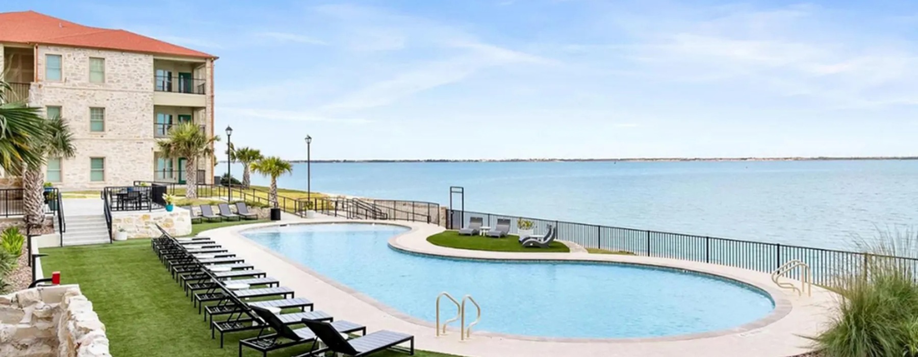 a pool next to a building