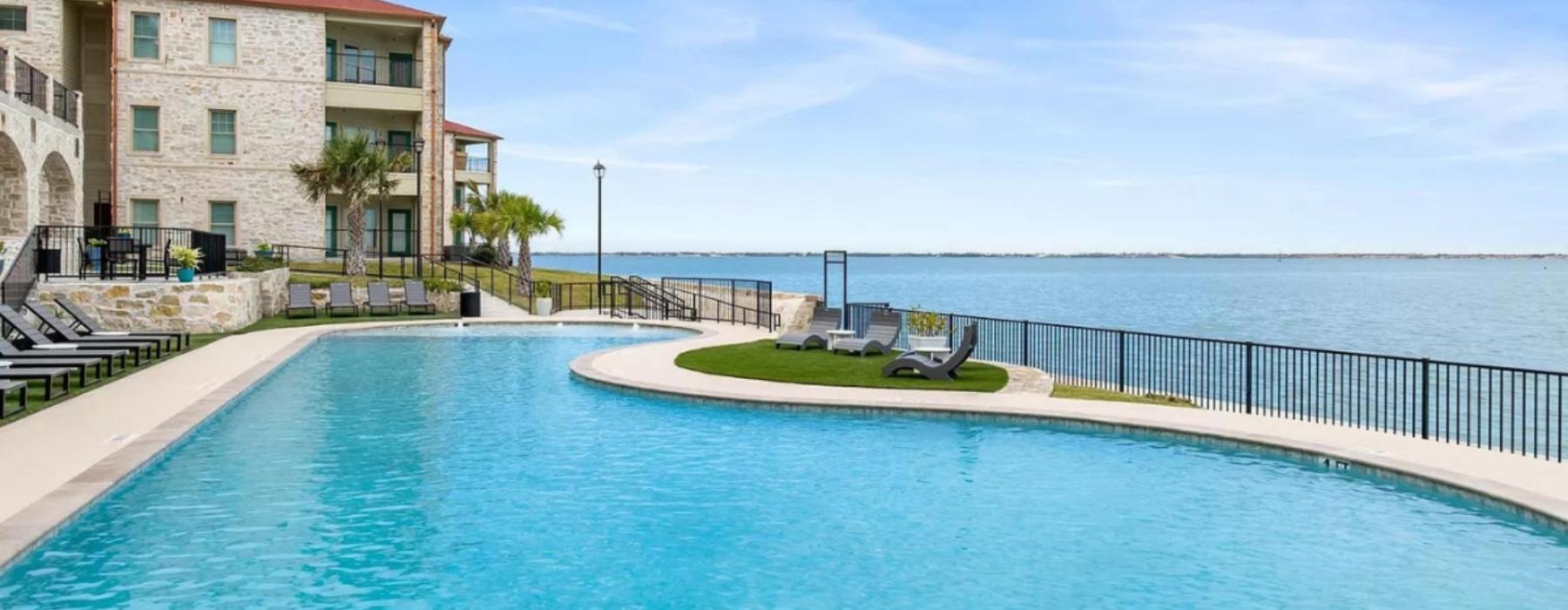 a pool next to a building